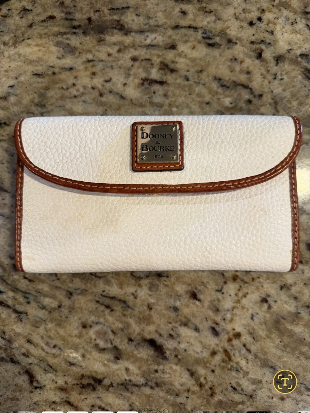 Dooney & Bourke Trifold Continental Pebbled Leather White & Tan Wallet